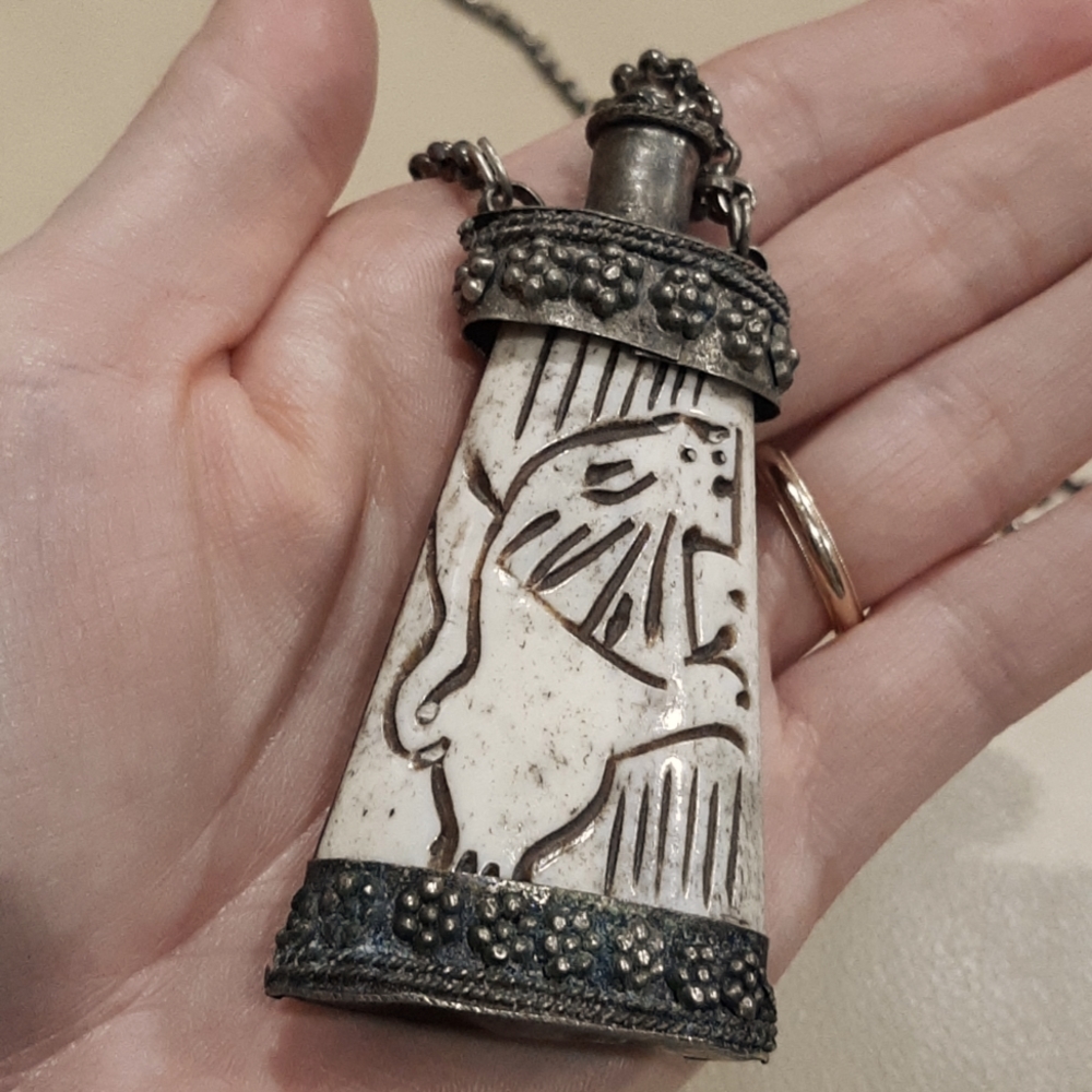 Brass & Bone Bottle Necklace with Lion & Elephant